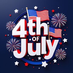 4th of july patriotic image with waving usa flags, exploding fireworks, red and blue colors, bold lettering, star decorations for american independence celebration, liberty and national pride