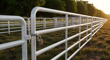 White metal fence and gate in rural landscape with lock