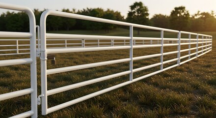 White metal farm fence on a pasture landscape