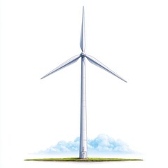 A single wind turbine stands tall on a grassy field, generating clean energy against a backdrop of clouds and blue sky.