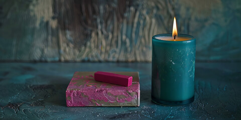 Serene Glow A Teal Candle with Flickering Flame Beside a Pink Marbled Block on a Textured Teal Surface

