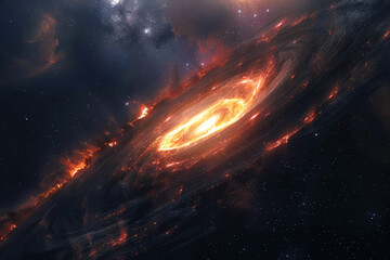 Black hole with bright swirling accretion disk in outer space. Astronomy and astrophysics concept