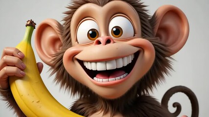 Delightful Animated Monkey Holding Banana Fruit Happy Cartoon Character Primate Jungle Animal