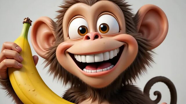 Delightful Animated Monkey Holding Banana Fruit Happy Cartoon Character Primate Jungle Animal