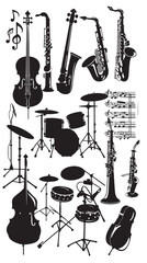 music instruments Silhouettes isolated on white background