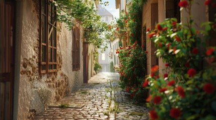 Fototapeta premium A narrow alleyway in an old European town, the walls lined with flowering vines and windows with shutters. Cobblestone underfoot and a glimpse of the sky above create an intimate perspective. The scen