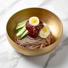 Korean spicy bibim naengmyeon cold noodles with cucumber, hard-boiled egg, and gochujang sauce in golden brass bowl on marble surface
