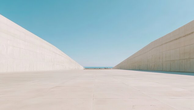 Empty Concrete Pathway Between White Walls Under Blue Sky