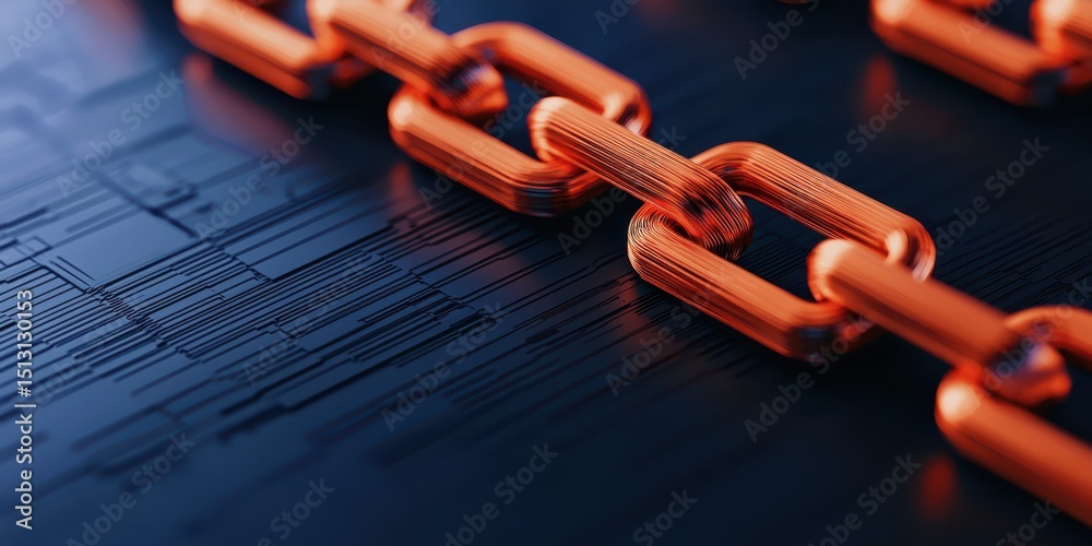 Poster Orange metallic chain links rest on a digital, circuit-like surface, symbolizing technology and connectivity.