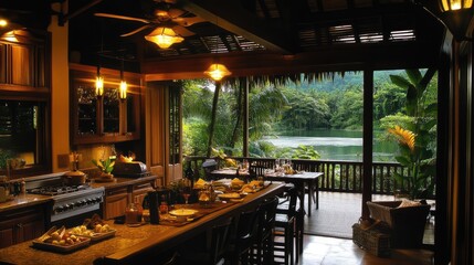 Fototapeta premium Daylight fills a tropical-style open kitchen with wood accents and excellent ventilation