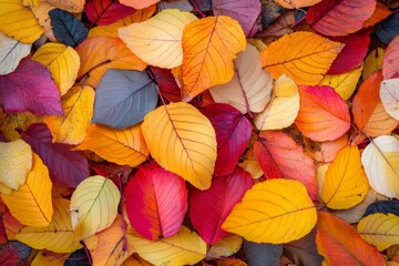 A pile of colorful autumn leaves sprawls across the ground, showcasing shades of red, yellow, orange, and brown in a beautiful seasonal arrangement. This natural artwork captures the essence of fall