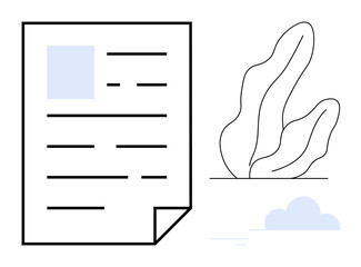 Document with lines and margins beside abstract plant and cloud. Ideal for business, content, minimal design, education, technology, eco-concept, digital branding, simple landing page