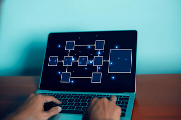 Businessman planning work, office concept hierarchical workflow process, flowchart layout, business information technology project