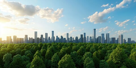 Fototapeta premium A modern city skyline rises above a lush green forest under a bright blue sky with scattered clouds.