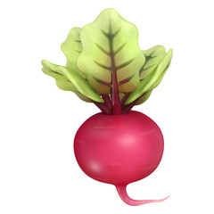 A striking 3D rendering presents a single, whole beetroot with a vibrant red bulb, a slender root, and lush green leaves.