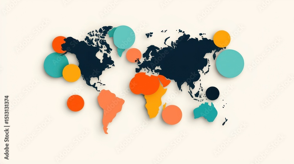 Poster A colorful, stylized world map with overlapping circles highlighting different regions on a light background.