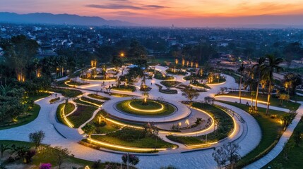 Public green space in the city with smart lighting and efficient irrigation systems