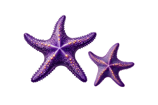 Two vibrant purple starfish with peach accents on a transparent background, showcasing intricate details and a contrasting color scheme.