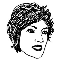 Female portrait. Head of a pretty young woman with short hair. Hand drawn linear doodle rough sketch. Black and white silhouette.