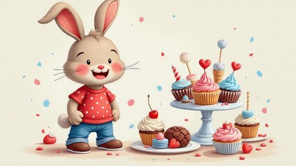 Cheerful bunny character enjoying a festive dessert table filled with colorful cupcakes and sweets
