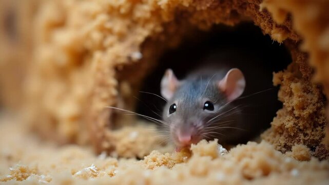Close-up of rat in home insulation. Rodent peeks out, highlighting pest control need. Attic, wall damage signals infestation. Prevention, removal crucial for hygiene, safety.