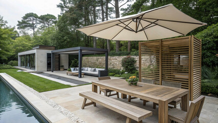 Stylish outdoor entertaining space with a dining set, modern pergola, and serene pool, perfect for relaxation.