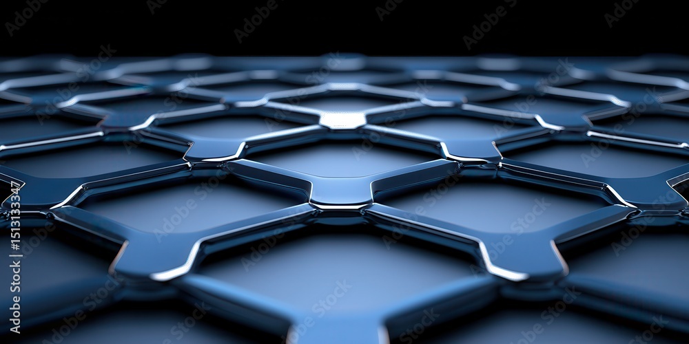 Poster A metallic hexagonal grid pattern with a futuristic, blue-toned design, viewed from a low angle.