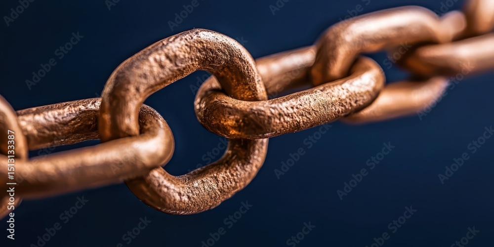 Poster a close-up of a metallic chain with visible texture, set against a dark blue background.