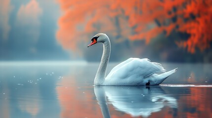 Obraz premium A serene portrait of a swan on a lake, its elegance and the reflections on the water captured in a moment of tranquility.
