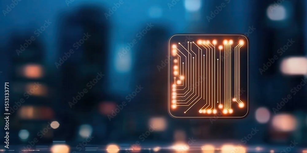 Poster glowing microchip circuit with neon lights on a blurred cityscape background, symbolizing advanced t