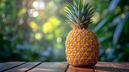 Golden Pineapple on Wooden Surface Radiating Summer Vibrance with Natural Bokeh Background and Striking Details Conveying the Exotic Appeal of Tropical Fruit