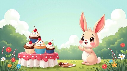 Cute bunny enjoys a colorful picnic with cupcakes and cookies in a vibrant forest during a sunny day