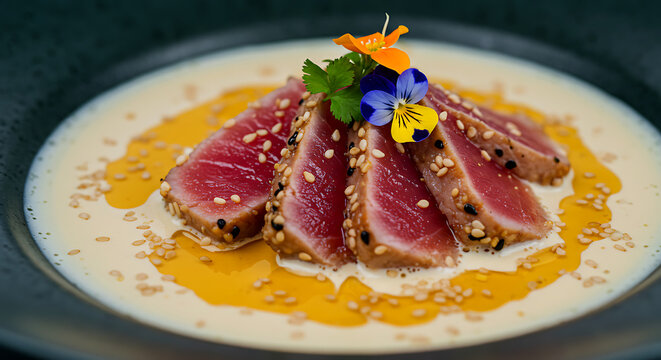 Peruvian Tiradito Nikkei Japanese-Peruvian fusion dish with tuna slices in tiger's milk, visible sesame oil droplets and edible flower garnish 