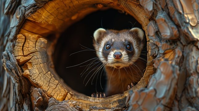 An adventurous scene of a ferret peeking out from a knothole in a tree, with rich details of its fur and curious expression.