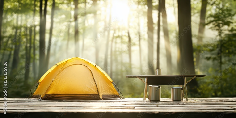 Poster camping sunlight bbq concept. tent set up in a serene forest with soft sunlight filtering through th