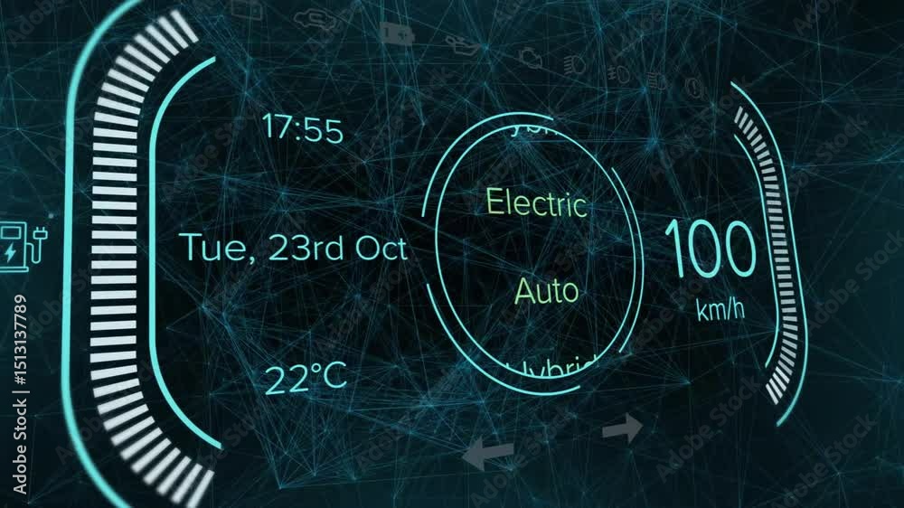 Poster Displaying dashboard UI showing 23 Oct 17:55 and 22°C, selector rotating modes as speed changes