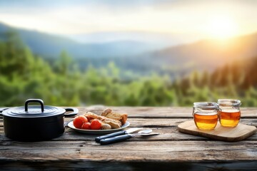 Camping sunlight BBQ concept. Scenic outdoor dining setup with food and drinks against a stunning mountain backdrop. © Po