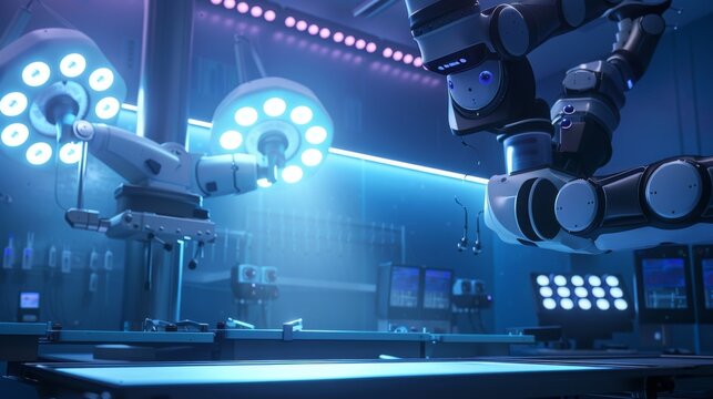 An elegant display of advanced robotic surgical equipment, poised for action in a state-of-the-art operating room. The robotic arms gleam under the bright surgical lights, offering surgeons unparallel