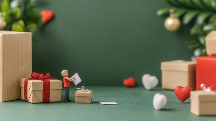 Playful scene of tiny cupids sneaking relationship advice notes into gift boxes