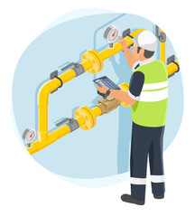 Gas pipeline engineer inspecting pressure gauges and valves during routine maintenance to ensure safety and operational efficiency at an industrial facility