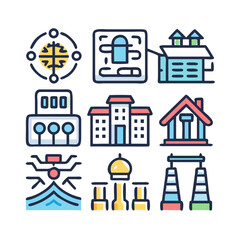 Municipal & Infrastructure Icon vector of Water Supply,Electricity,Power Plant,Gas Station,Drinking Water,Public Restroom,Maintenance,Repair,Park,Green Space,Stadium,Sports Complex,skyscraper,Urban Zo