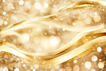 Golden wavy lines creating abstract festive background with sparkling glitter and bokeh lights