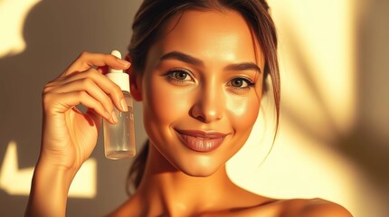 Obraz premium Young woman applying facial spray, sunlit portrait