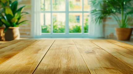 Empty wooden table with blurred green window view background for product placement