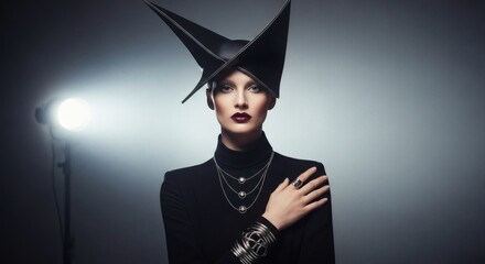 Woman in black turtleneck and avant garde hat with jewelry posing in front of a spotlight studio shot