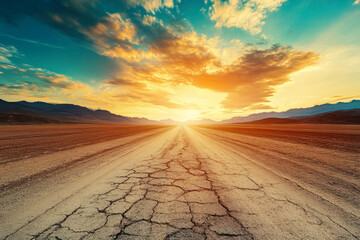 Cracked asphalt road leading to sunset over mountains in desert landscape