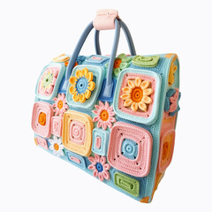 Colorful crochet granny square bag with floral motifs and pastel colors