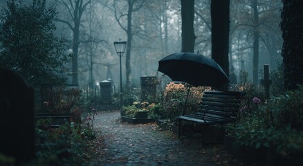 A misty autumn cemetery scene; a black umbrella rests on a wooden bench amidst rain-soaked gravestones and foliage