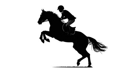 Black silhouette of a horse and rider jumping isolated on solid white background 