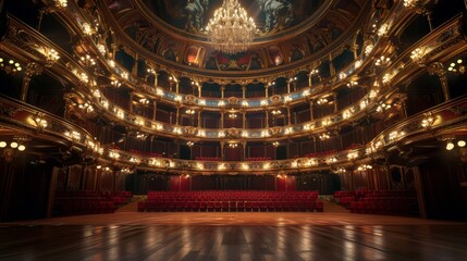 Obraz premium The interior of a grand opera house, with opulent decorations and a magnificent chandelier hanging from the ceiling. The stage is set for a performance, and the seats are empty and waiting. The scene 